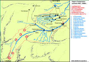 Map showing the Qenzhal Mountain (altitude 2,829 m), where the Qenzhal Battle  took place between the Kabardians and Crimean Tatars in September 1708.  It is "red no. 4", located on the right bank of the Malka River (the upper reaches)  in the Dzeliqwe (Zolka) District of Kabarda.
